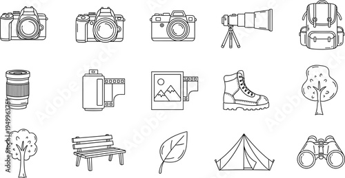 Collection of outdoor adventure and photography icons in a clean line art style