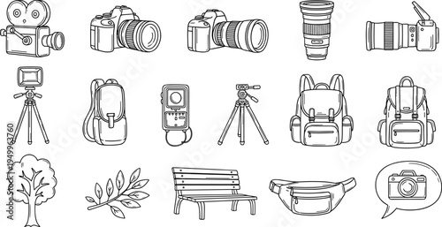 Collection of hand-drawn photography and travel equipment icons in a simple line art style