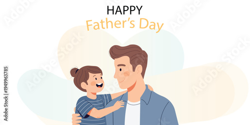 Happy Father's Day Illustration: Minimalist Flat Vector of a Loving Father and Daughter Hugging, Warm Family Bond Concept for Greeting Cards and Social Media Marketing