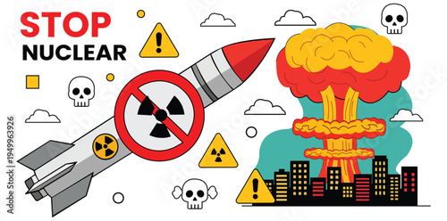 Anti-Nuclear Iconography: A powerful visual message against nuclear threats, showcasing a symbolic illustration of a missile and mushroom cloud, emphasizing the dangers of nuclear proliferation.