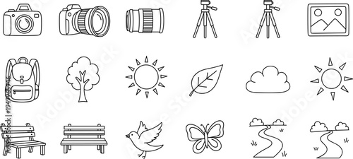 Collection of simple line art icons representing nature, photography, and outdoor elements