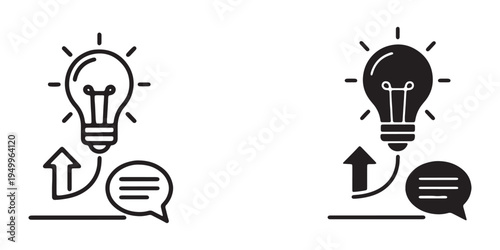 Black and white icons of light bulb with chat bubble and arrow up