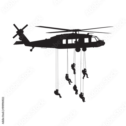 Silhouette of a military helicopter with soldiers rappelling down ropes