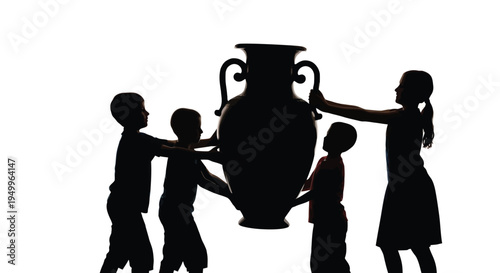 Children carrying a large vase together depicted in dark silhouette