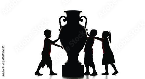 Children struggling to move a large vase depicted in a dark silhouette
