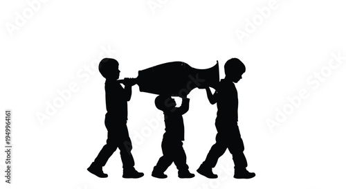 Three boys struggle to carry a large oddly shaped object silhouette