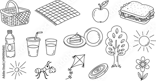 Hand-drawn picnic elements including basket, blanket, food, drinks, and nature icons