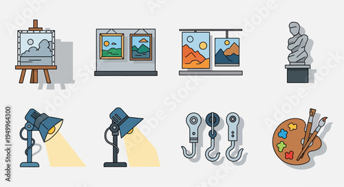 Art tools and exhibits displayed in a colorful flat design silhouette