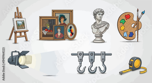 Art supplies and tools arranged with portraits displaying a dark silhouette