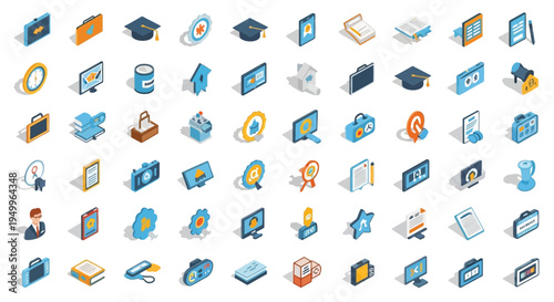 Isometric icons representing education technology and business detailed silhouette high quality