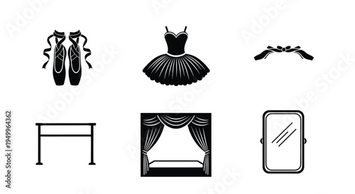 Ballet attire and stage elements depicted in a striking black silhouette