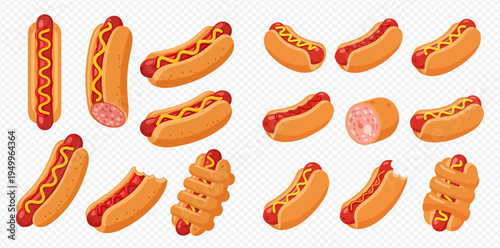 Set of cartoon hot dogs with various toppings and buns, isolated on a transparent background.