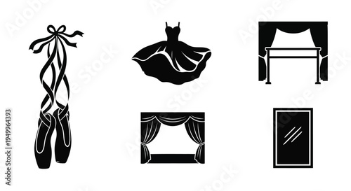 Ballet attire and stage elements in a striking black silhouette