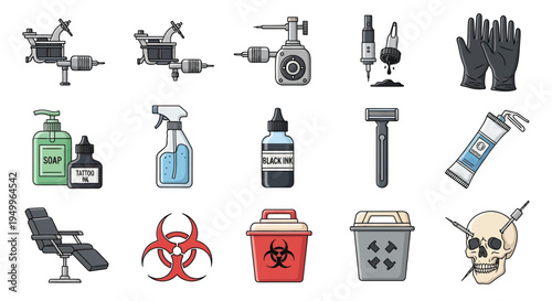 Tattoo equipment cleaning supplies and related imagery in a flat design silhouette