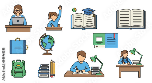 Educational icons depicting learning elements books globe and students silhouette