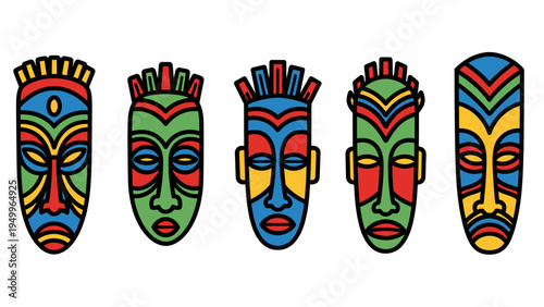 Set of Five Colorful African Tribal Masks, Flat Vector Illustration Style, Isolated on White Background, Graphic Design Element for Cultural Themes