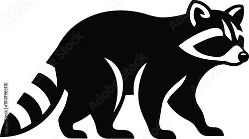 Raccoon silhouette vector graphic featuring a detailed wild animal icon with masked face and striped tail for nature conservation zoo and wildlife logo designs