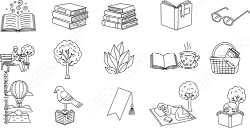 Collection of line art icons representing reading, relaxation, and outdoor activities