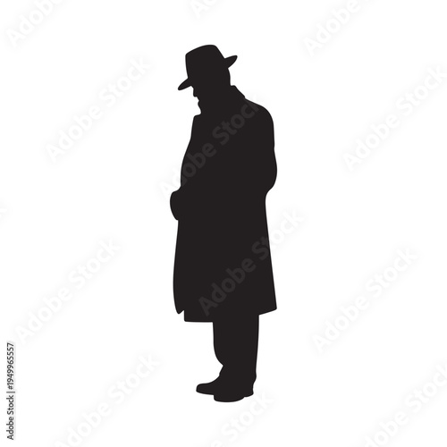 Silhouette of a man in a coat and hat facing to the side