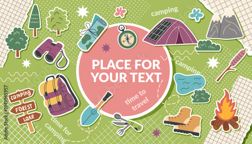 Camping collage banner with travel objects in pop art style7. The concept of travel, camping, hiking and outdoor recreation. Vector flat template.