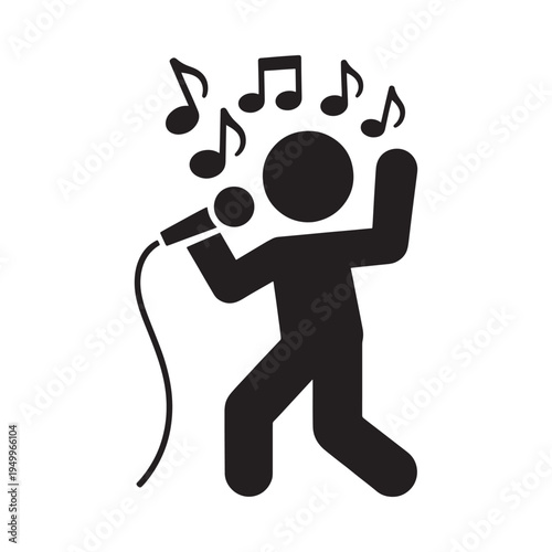 A silhouetted figure sings into a microphone with musical notes floating