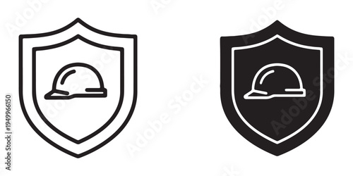 Black and white line art construction shield icons with hard hat and gloves
