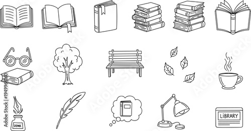 Collection of hand-drawn icons representing reading, learning, and cozy moments