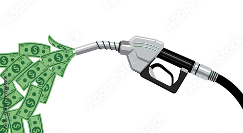 Vector illustration of gas pump nozzle dispensing dollar bills