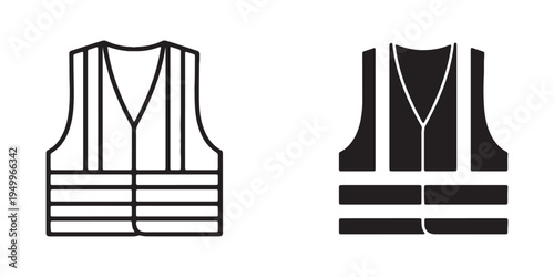 Black and white reflective safety vest icons in line art style