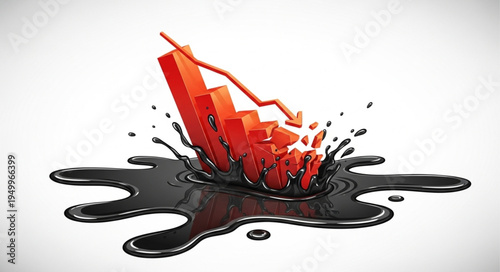 Oil Price Crash - Red Bar Graph Sinking into Crude Oil.