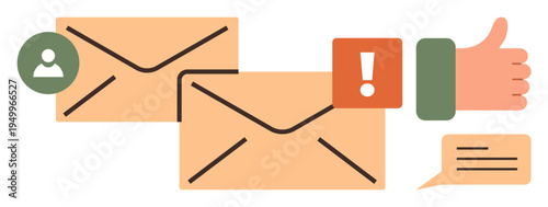 Email management, digital interaction, communication, notification systems, user engagement, online messages. Two envelopes, alert icon thumb-up symbol user profile and chat bubble. Email