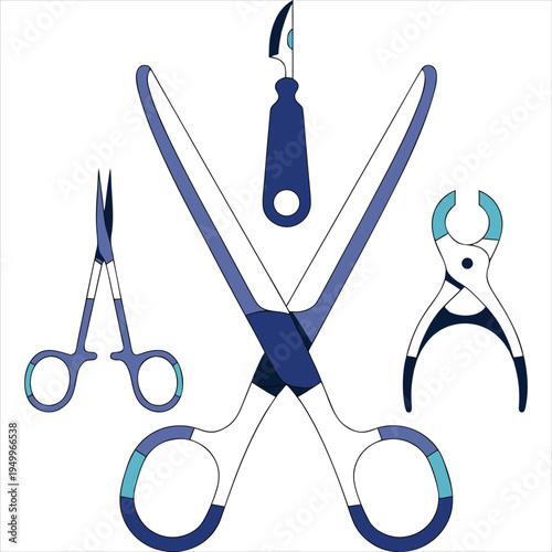 Modern surgical tools including scissors, scalpel, and forceps, flat vector art