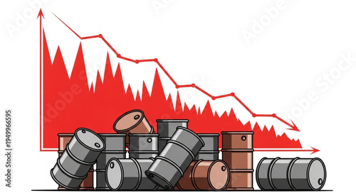 Oil Price Decline - Barrels and a Falling Graph Illustrate Market Downturn.