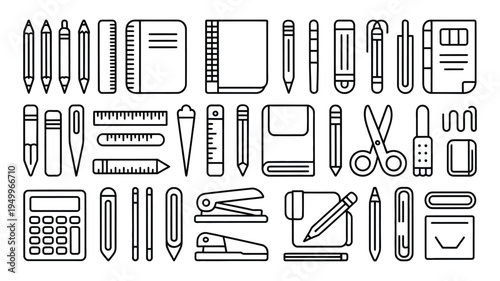 School stationary line editable icon set, containing icons related to school supplies pencil ruler pen notebook and other classroom tools