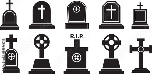"grave tombstone silhouette vector – cemetery cross icon clipart for halloween, memorial, and religion design" .