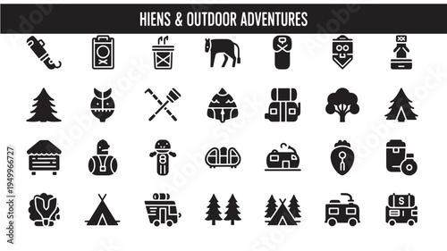 Collection of icons depicting various outdoor adventures and camping activities