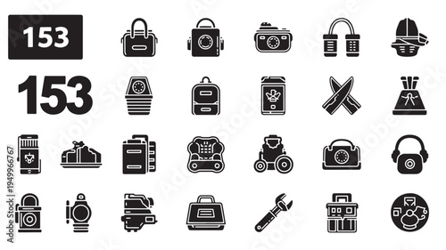 Collection of diverse travel, camping, and utility icons for various activities
