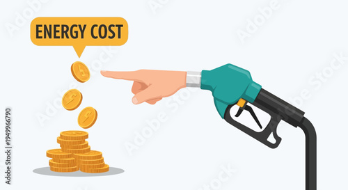 Vector illustration of hand pointing to coins from gas pump nozzle with energy cost concept
