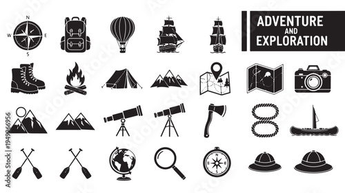 Iconic symbols representing adventure and exploration activities and tools