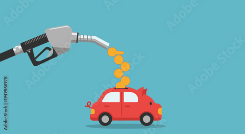 Fuel pump filling car with money, saving gas, financial automotive concept