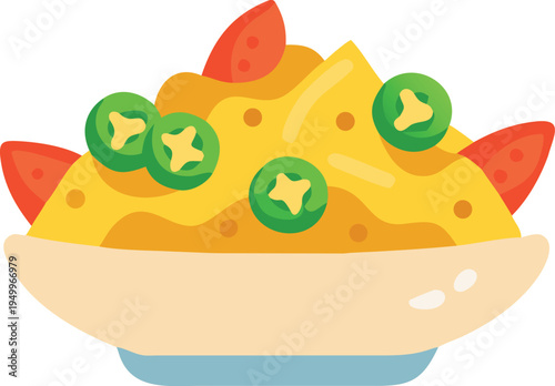Nachos with cheese jalapenos and tomato slices on white background
