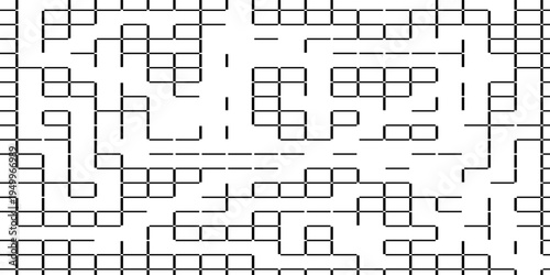 Black and White Geometric Labyrinth Pattern, Minimalist Square Grid Maze Abstract Background, Tech Structure Vector Concept.
