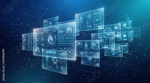 Electronic health record concept with layered transparent document panels floating in digital space showing medical data and human anatomy for futuristic healthcare technology