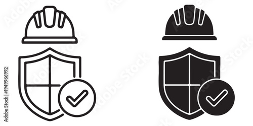 Black and white line icons of hard hats and shields with checkmarks and gears