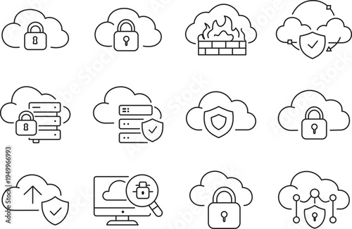 Secure Cloud and Online Security Line Icon Set with Data Protection and Firewall Symbols
