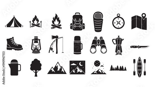 collection of outdoor adventure and camping icons flat design vector illustration