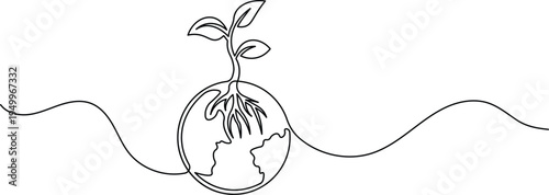 Earth globe with plant continuous one line art for world environment day concept