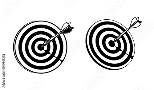 Two dart targets with arrows hitting bullseye monochrome sports aim concept vector illustration isolated on white