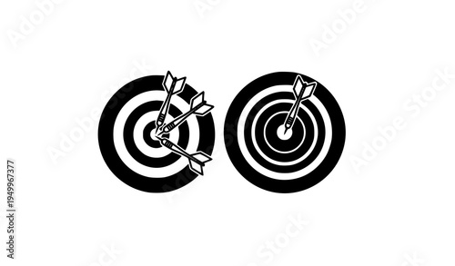 Monochrome dartboard set with darts hitting target rings flat sports equipment vector isolated on white