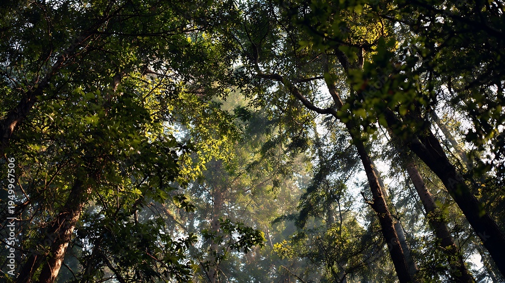 Obraz premium Dense forest canopy with sunlight filtering through.